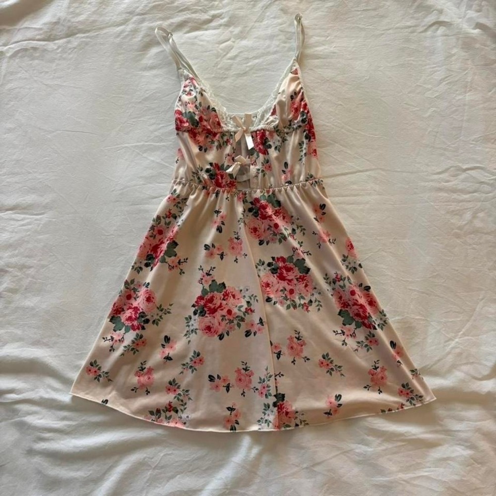 Cream Floral Satin Lace Mini Slip Dress Coquette Cottagecore Small